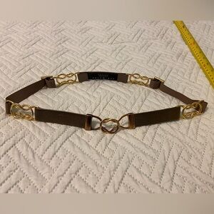 Suzi Roher Vintage Designer Brown Leather and Gold Elastic Chain Belt